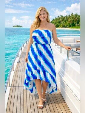🦄 Lilly Pulitzer “Caldwell” strapless high-low midi dress- "Sail Stripe"